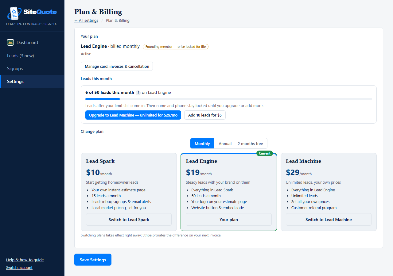 Plan & Billing: current plan, leads this month, and the three lead plans with monthly and annual billing