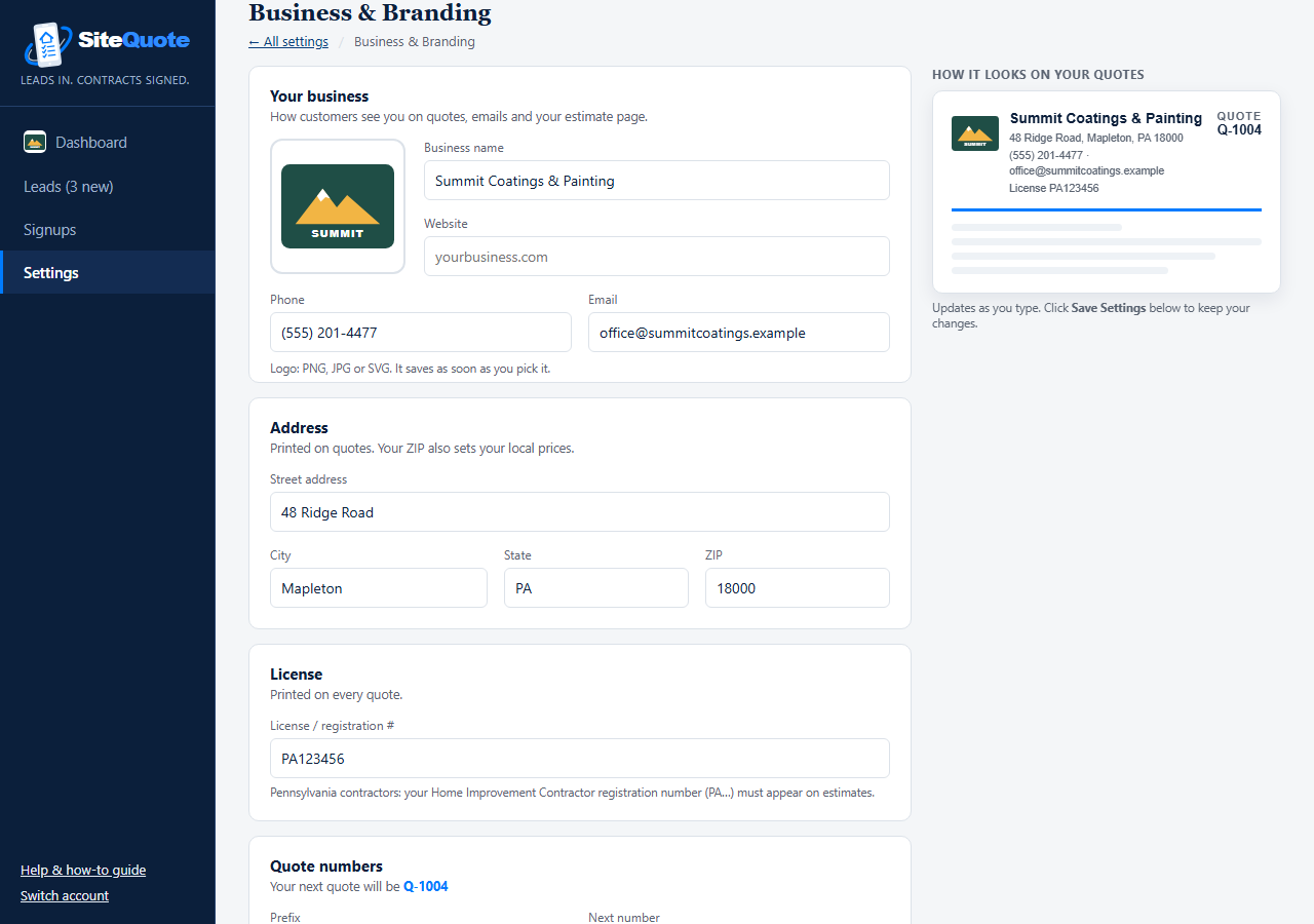 Business & Branding settings: logo, business name, website, phone, email, address and license, with a live preview