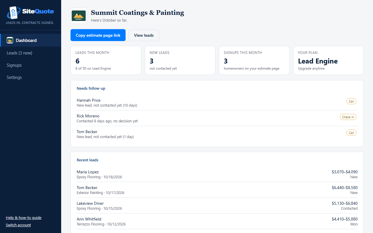 SiteQuote dashboard: leads this month, new leads, signups, your plan, a Needs follow-up list and recent leads