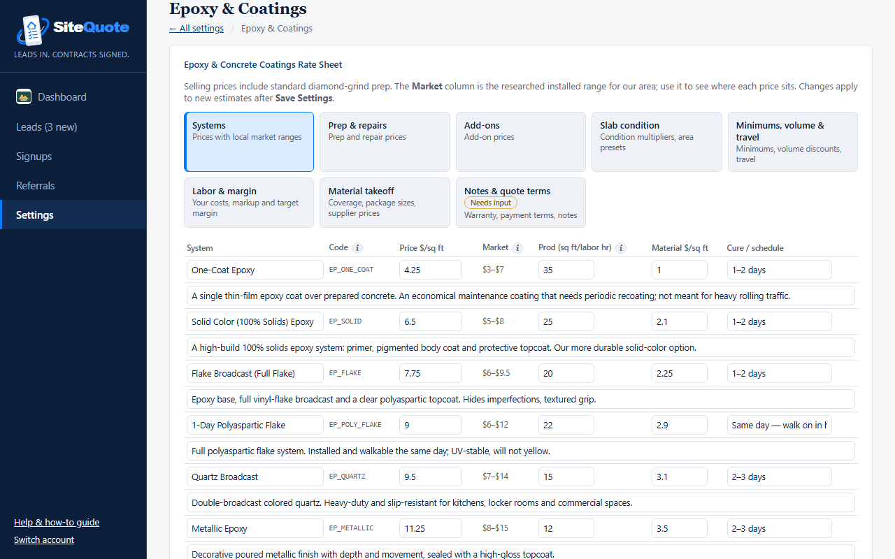 Epoxy & Coatings rate sheet: each system with its price per square foot and the researched market range