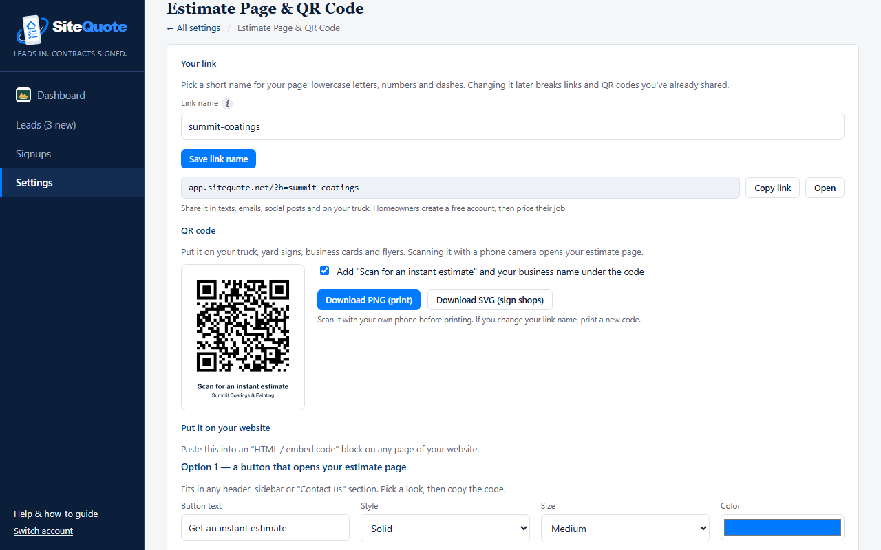 Estimate page settings: link name, your page link with Copy link and Open buttons, and the QR code