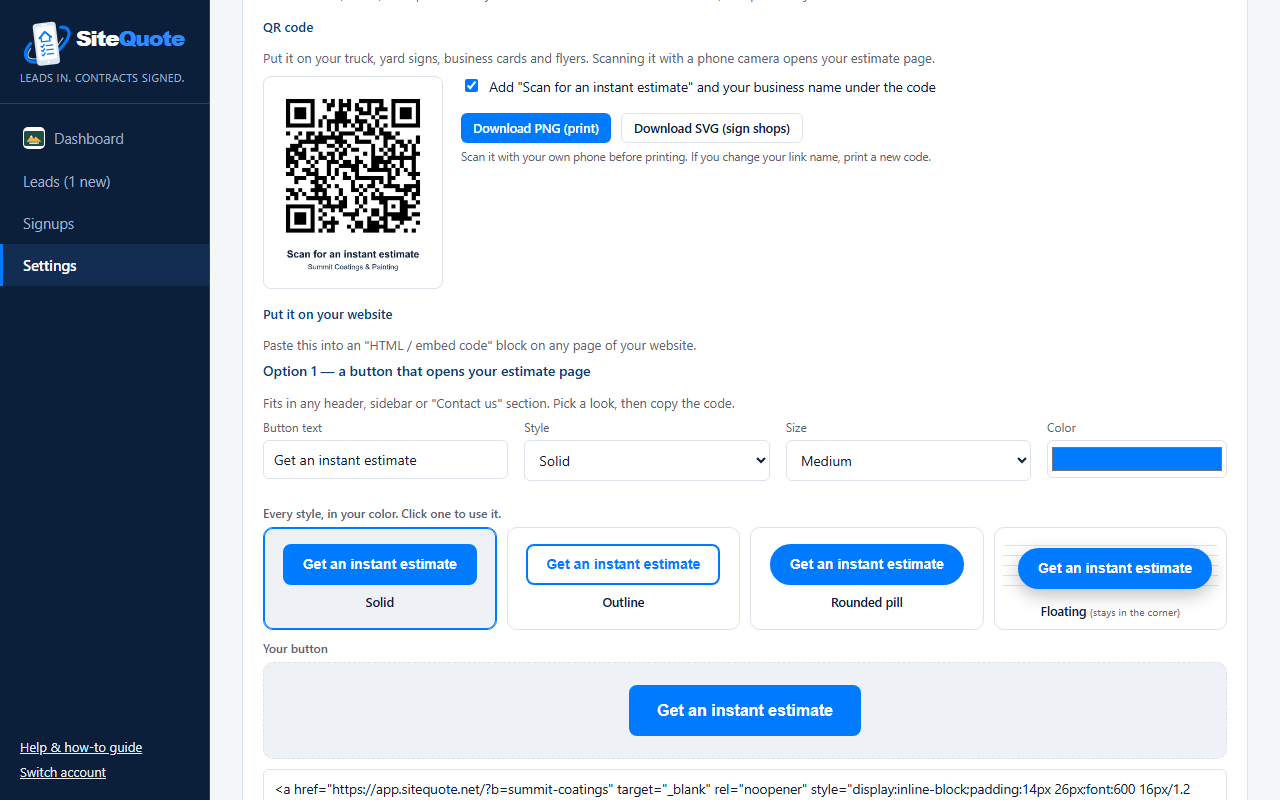 Website button options: button text, style, size and color, four style previews and the code to copy