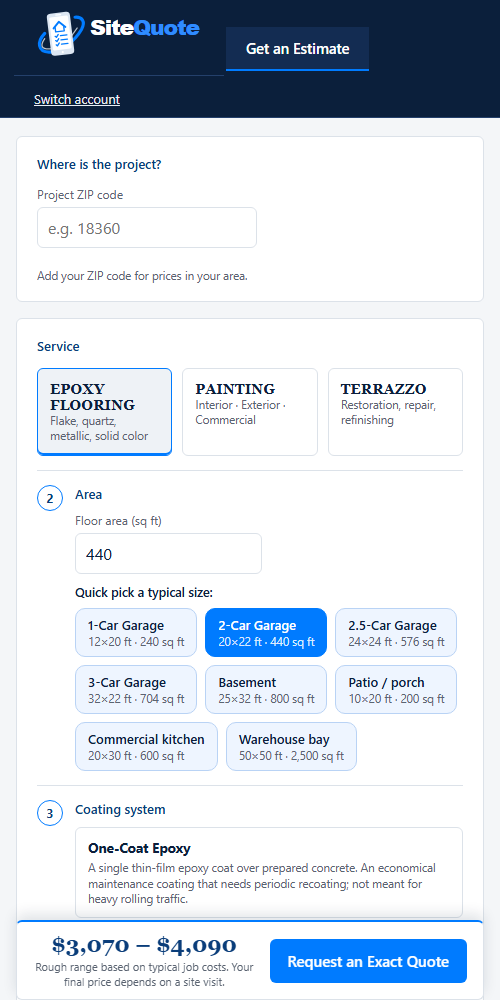 A homeowner's estimate page on a phone: ZIP code, service, floor area, coating system and a live price range with a Request an Exact Quote button