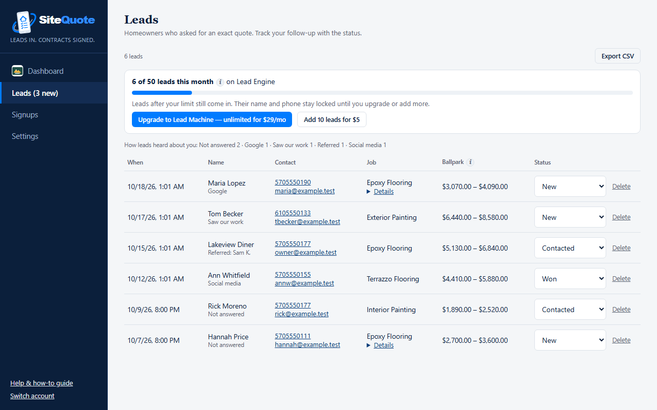 The Leads page: lead count for the month, how leads heard about you, and a table of leads with contact details, job, ballpark price and status