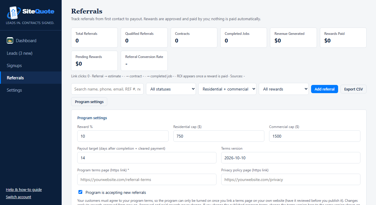Referrals page: referral totals, search and filters, and program settings for reward percent and caps