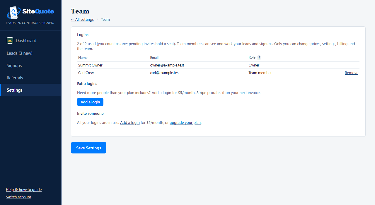 Team settings: logins used, the owner and a team member, and buttons to add a login and invite someone